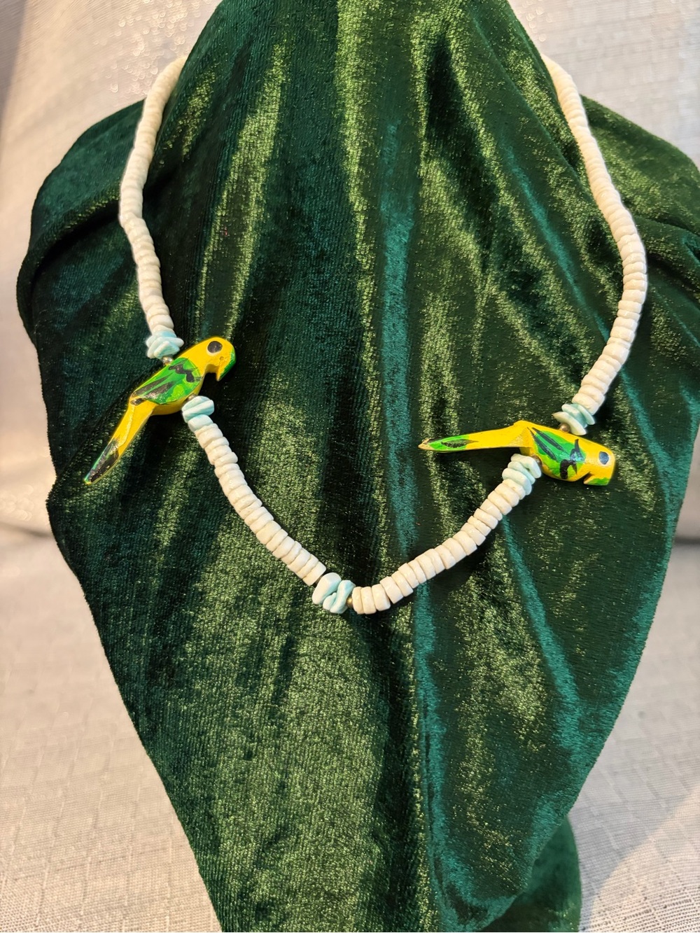 Vintage Hand Carved Green & Yellow Parrot Bead Necklace
